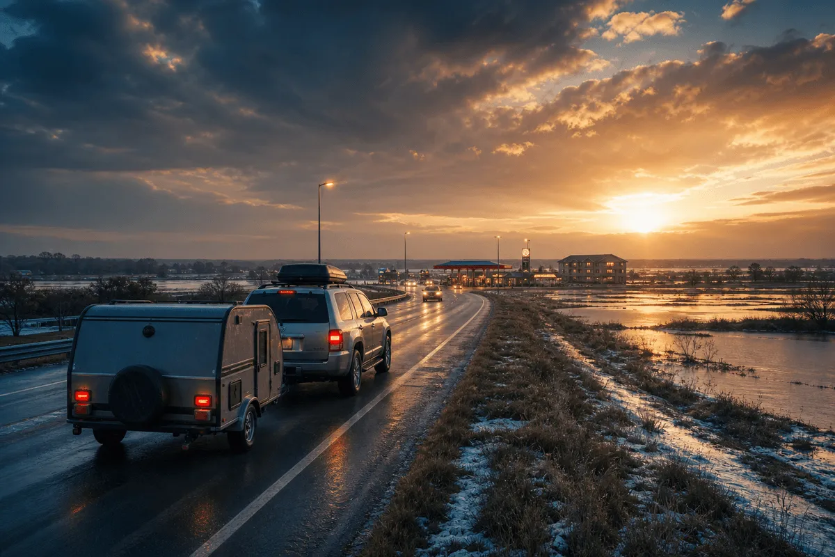 Highway toward Texas at dawn after a winter storm — roads opening and light breaking through, illustrating God's provision during the February 2021 move from New York.